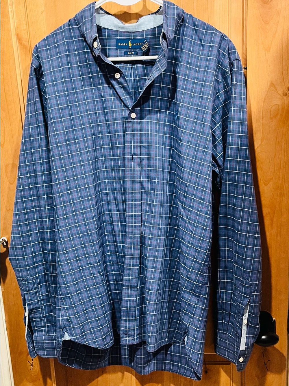 Ralph Lauren Men's Navy and Light Blue Plaid Button-Down Shirt